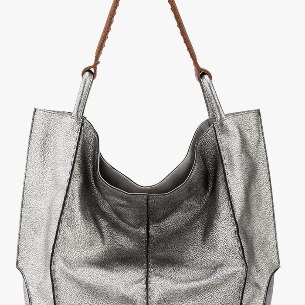 The Sak Metallic Silver Tote with Brown Handles